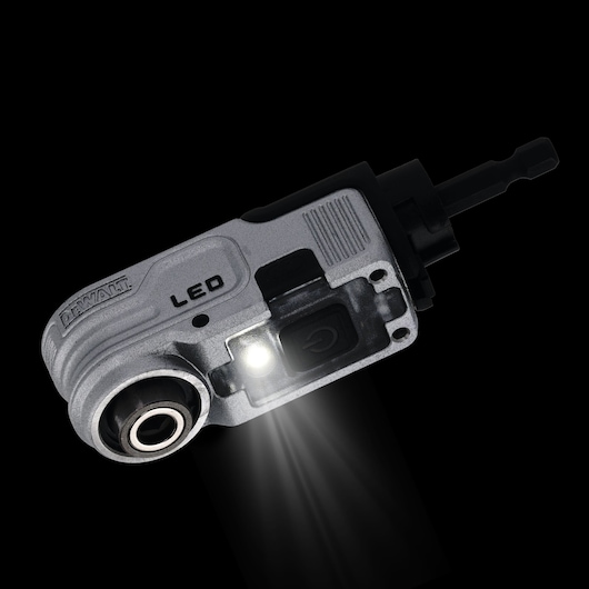 DEWALT tool attachment with LED light switched on, shown on a black background.
