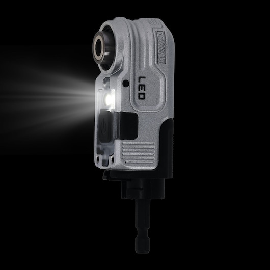 DEWALT LED right angle attachment tool emitting light, shown against a black background.