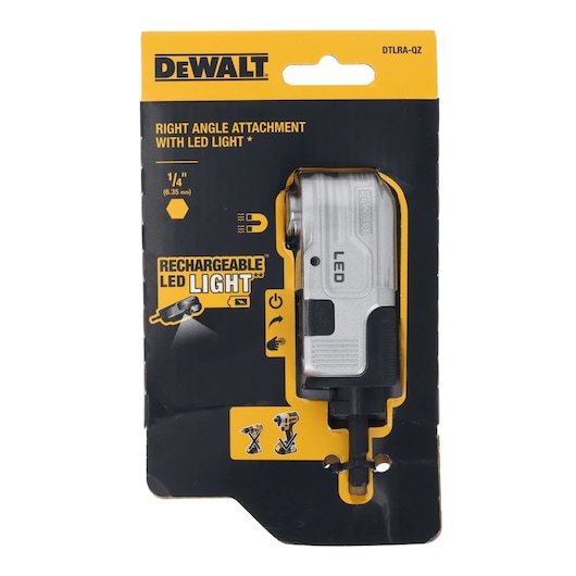 DEWALT right angle attachment with rechargeable LED light for drills, in retail packaging.