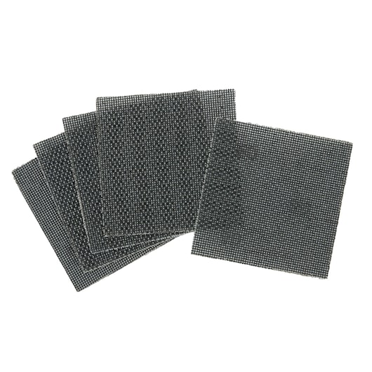 Set of DEWALT square mesh sanding sheets, dark color, displayed slightly overlapping on white background.