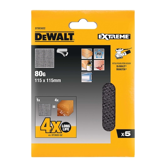 DEWALT Extreme sanding sheets, pack of 5, 80G, 115x115mm, fits DEWALT/Makita, for wood and PVC, long life.