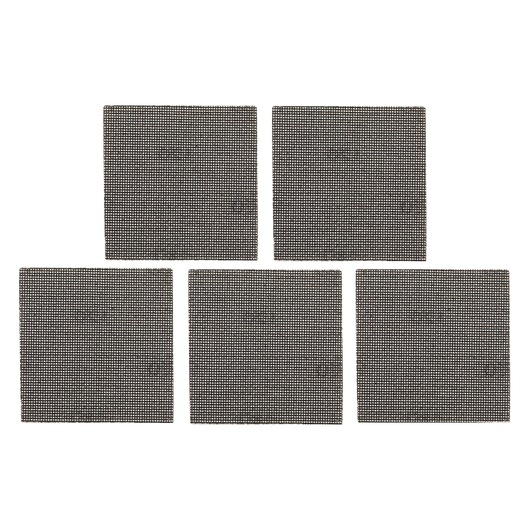 Set of five square mesh sanding sheets arranged in two rows on a white background.