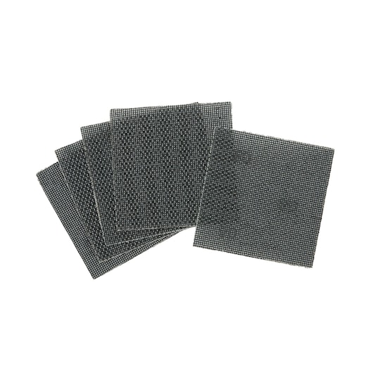 Five square mesh sanding sheets arranged in a fanned layout on a white background.