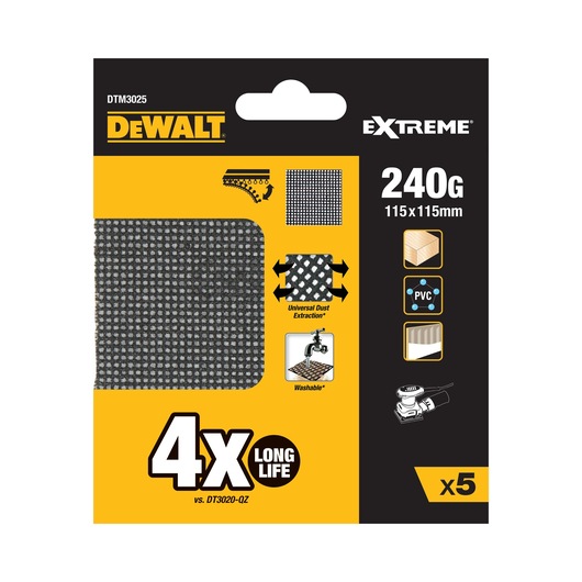 Front packaging of DEWALT Extreme DTM3025 mesh sanding sheets, 240 grit, measuring 115 x 115 mm. The pack contains 5 sheets, offers four times longer life, and features universal dust extraction and washable properties. The packaging displays compatibility icons for wood, PVC, and plasterboard.