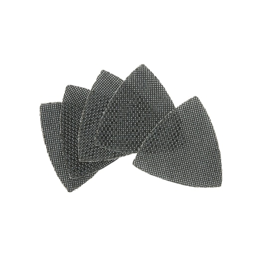 A set of five triangular mesh sanding sheets, black in color, arranged in a fanned-out formation on a white background.