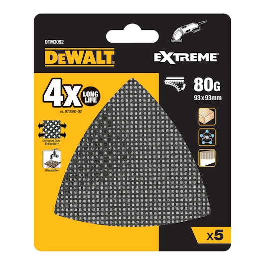 Packaged DEWALT Extreme sanding mesh pad DTM3092 in triangle shape, 80 grit, 93 x 93 mm, with yellow and black packaging. Features: 4 times longer life, universal dust extraction, washable, suitable for wood, PVC, and other materials. Set of 5 pads.