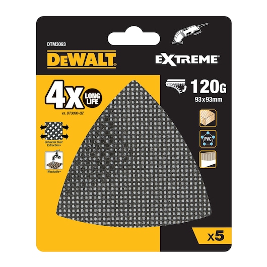 DEWALT Extreme 120G sanding mesh pads, 93x93mm, pack of 5, for wood, PVC, and universal dust extraction.