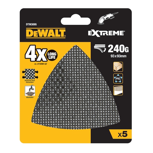 DEWALT DTM3095 Extreme sanding pad pack, 240 grit, 93x93mm, 5 pads, for wood, PVC, and washable use.