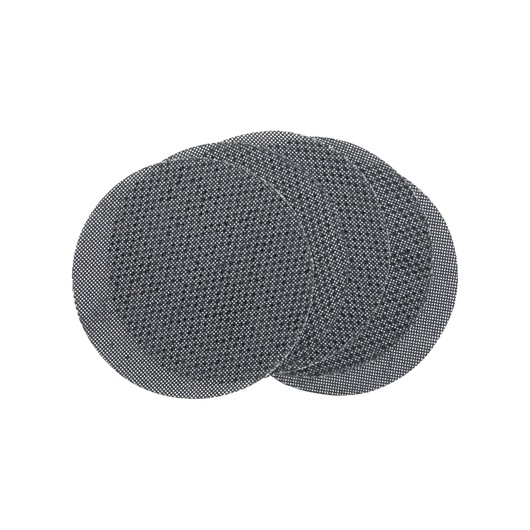 Three round mesh sanding sheets stacked, used for surface finishing with power tools.