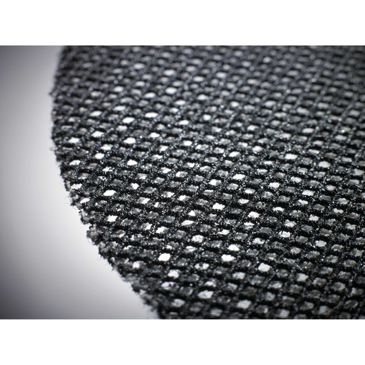 Close-up of a round mesh sanding sheet with visible abrasive texture and grid pattern.