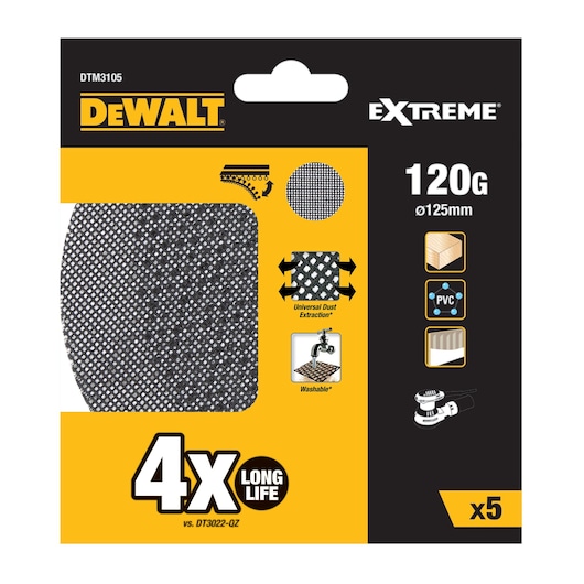 DEWALT DTM3105 sanding mesh discs, pack of 5, 120 grit, 125mm, long life, for wood, PVC, washable.