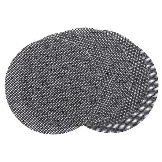 Four round mesh sanding discs overlapping, shown on a white background.