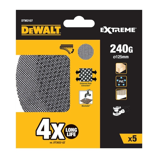 DEWALT DTM3107 Extreme mesh sanding discs, 240 grit, 125mm. Pack of 5, long life, for wood, PVC, and plaster.