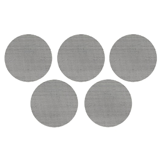 Five round DEWALT sanding mesh discs are arranged in two rows against a white background.