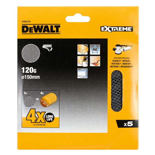 DEWALT DTM3125 sanding mesh 120G, 150mm, pack of 5 for wood, PVC, fits multiple sander brands.
