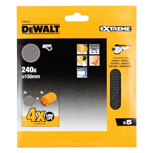 DEWALT 240G 150mm sanding discs pack, suitable for multiple materials. Includes 5 discs. Long life, Extreme range.
