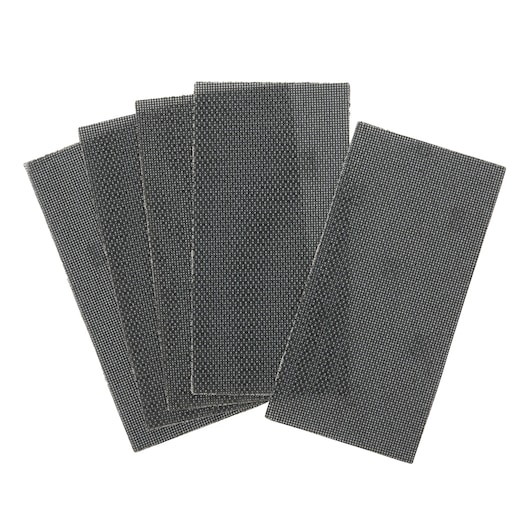 Five rectangular mesh sanding sheets stacked and fanned out against a white background.