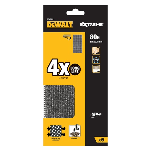 DEWALT DTM8551 Extreme sanding sheets pack, 80G, 115x228mm, 4x long life, washable, suitable for various materials.