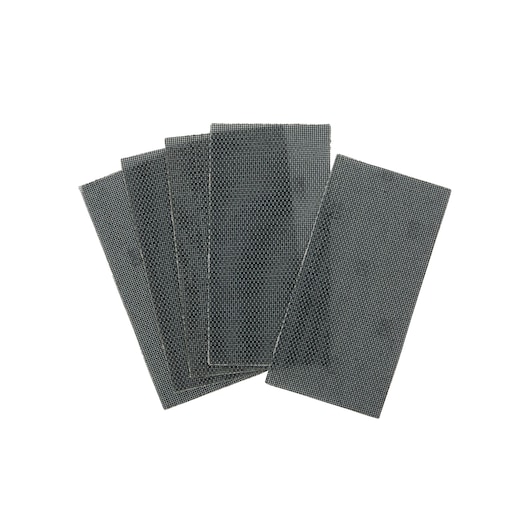 Five rectangular DEWALT sanding mesh sheets are fanned out against a white background.