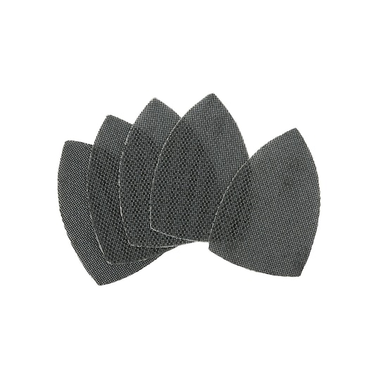 Five DEWALT mesh sanding sheets, black, fan-shaped and overlapping, suitable for precision sanding tasks.
