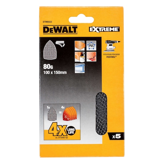 DEWALT Extreme sanding sheets, 80G, 100x150mm, pack of 5, for wood, PVC, fits Festool sanders.