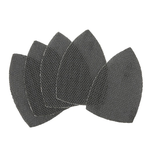 Five black mesh sanding pads arranged in a fan pattern, suitable for use with multi-tool sanders.