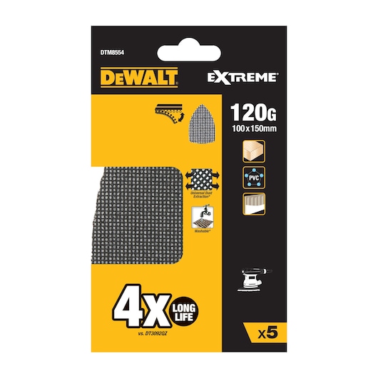 DEWALT Extreme 120G sanding sheets pack, 100x150mm, for wood and PVC, 4x longer life, contains 5 sheets.