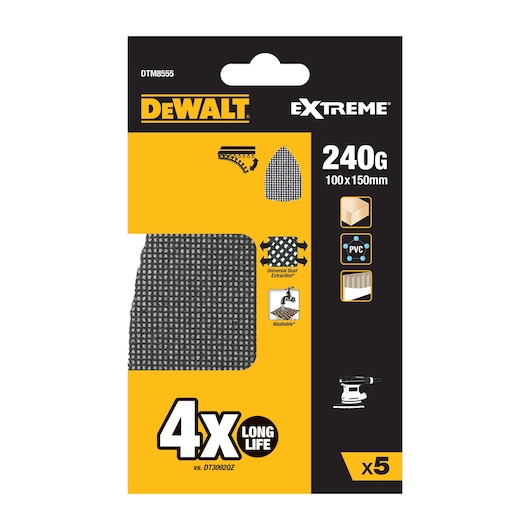 DEWALT DTM8555 240G sanding sheets, 100x150mm, 5 pack, for wood, PVC, washable, long life.