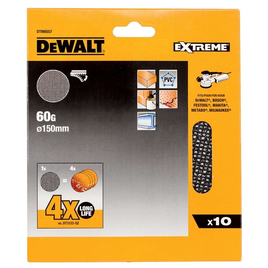 DEWALT Extreme 60G 150mm sanding discs, pack of 10, compatible with multiple brands, for various materials.