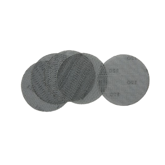 A set of five round mesh sanding discs arranged in a slightly overlapping pattern, shown on a white background.
