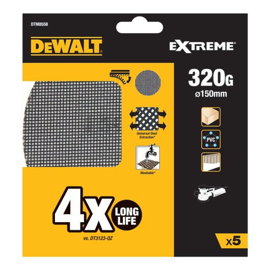 Packaging of DEWALT Extreme abrasive mesh sanding pads, model DTM8558. The package highlights features such as 320 grit, 150mm diameter, washable, universal dust extraction, long life (4 times longer), suitable for wood, PVC, and plasterboard, and contains 5 pads.