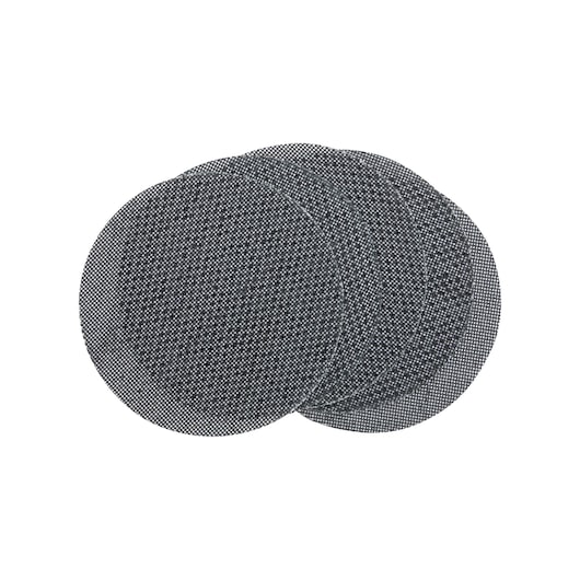 Three round mesh sanding discs are stacked and overlapping, shown on a white background.