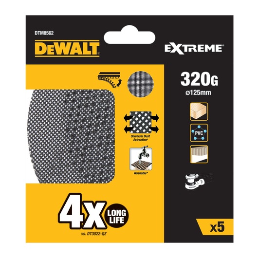 DEWALT DTM8562 Extreme 320 grit mesh sanding disc pack for dust extraction, washable, suitable for wood, PVC and other surfaces. Contains 5 discs, 125mm diameter.