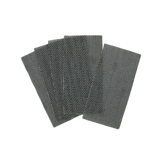 Set of rectangular black mesh sanding sheets fanned out against a white background.