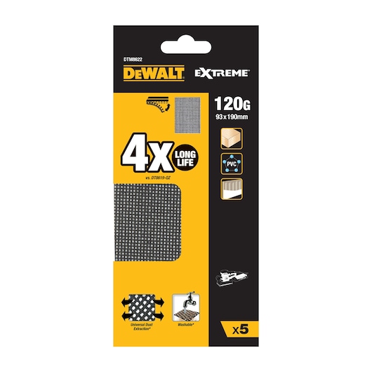 DEWALT DTM8622 Extreme sanding sheets, 120G, pack of 5, 93x190mm, for wood, PVC, washable, long life.