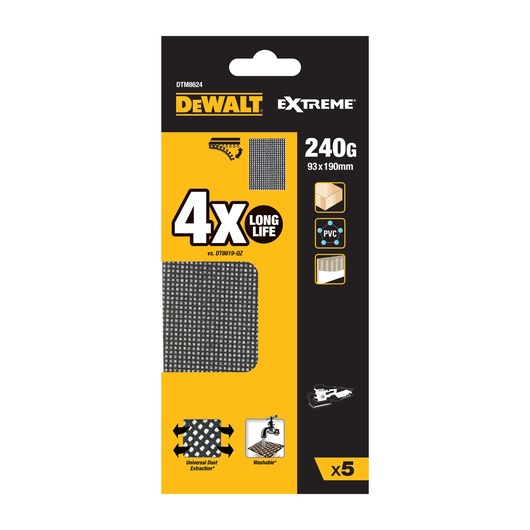 DEWALT DTM8624 sanding mesh sheets 240G, 93x190mm, 5-pack for wood, PVC, and universal dust extraction.