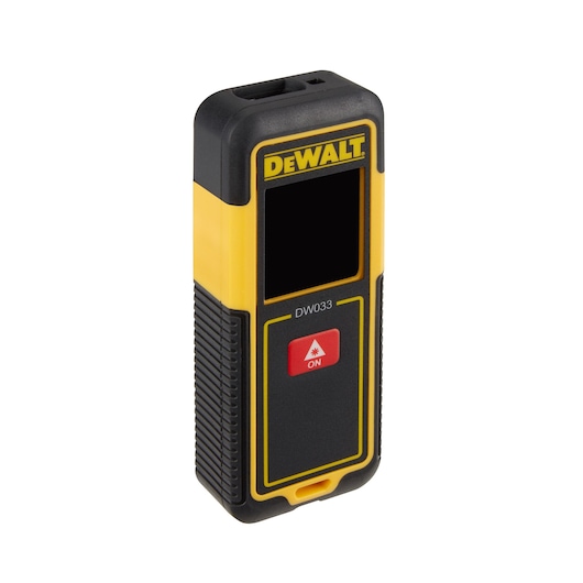 A DEWALT DW033 laser distance measurer in yellow and black, with a digital screen and a red 'ON' button on the front.