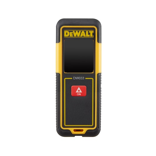 Front view of a DEWALT DW033 laser distance measurer, featuring a black and yellow casing, a display screen, and a red button labeled 'ON' with a laser icon.