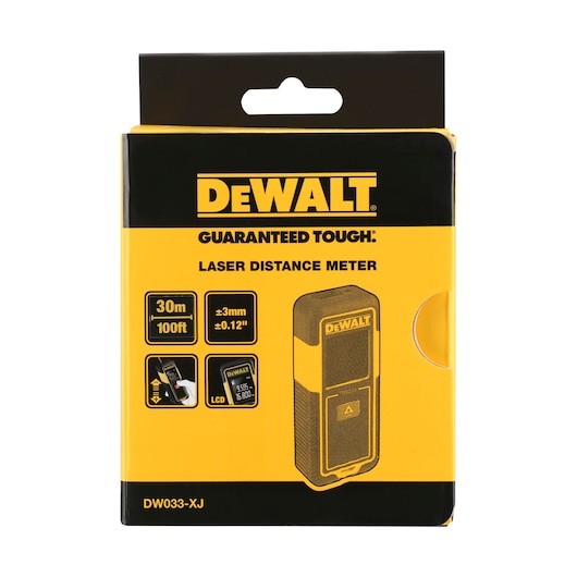 Front view of the DEWALT DW033-XJ Laser Distance Meter packaging, featuring yellow and black design, product image, and key specifications such as 30m/100ft range and ±3mm accuracy.