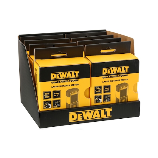 Display box containing multiple DEWALT laser distance meters in yellow and black packaging.