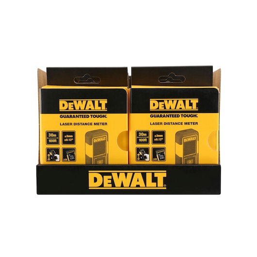 A display box containing two DEWALT laser distance meter packages. The boxes are black and yellow, showing the DEWALT brand logo and product information, including a measuring range of 30m (100ft) and features such as LCD display and ±3mm accuracy.