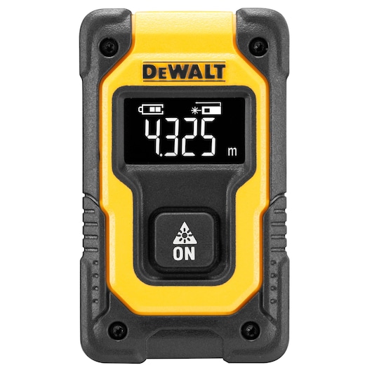 Front view of a DEWALT laser distance measurer with a digital display showing a measurement of 4.325 meters. The device has a yellow and black rugged casing and an 'ON' button below the display.