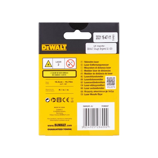 Back view of a DEWALT product box for the DW055PL laser distance measurer, showing safety warnings, barcode, product information, and various translations of 'laser distance measurer' in multiple languages. The packaging displays range details, measurement units, and certification symbols.