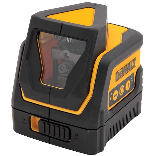 A DEWALT DW0811 self-leveling laser tool, featuring a yellow and black casing with a transparent front window, control panel, and branded logo. Used for precise measurement and leveling in construction and photography applications.