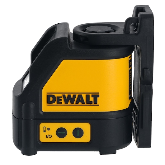 Side view of a DEWALT self-leveling laser level, featuring a yellow and black design with control buttons and branding visible.