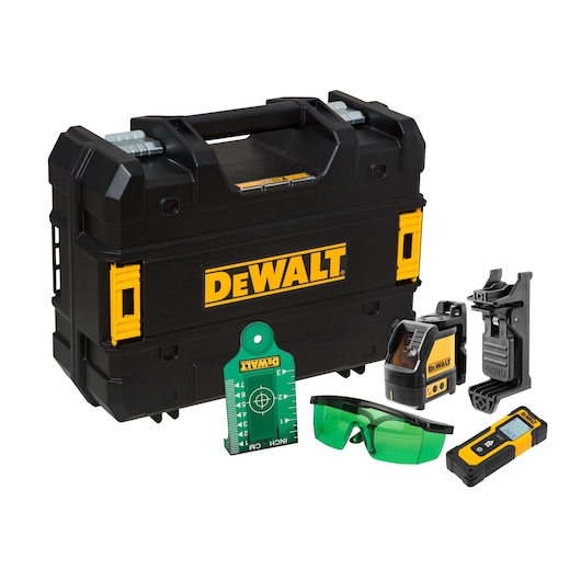 DEWALT photography product kit including a hard carrying case, green safety glasses, a laser measuring tool, a laser level device, mounting brackets, and a green target plate.