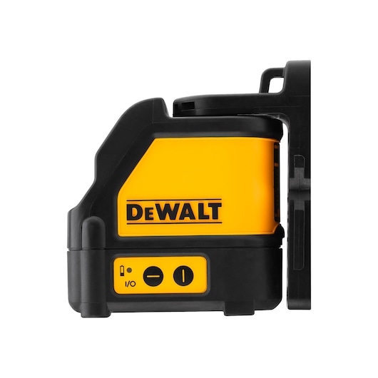 Side view of a DEWALT DW088CG self-leveling cross line laser, featuring a yellow and black robust casing with visible brand logo and control buttons.