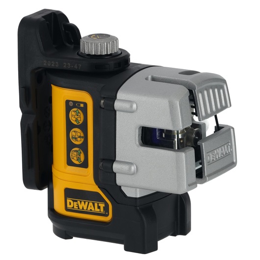DEWALT DW089CG green cross line laser with black and yellow housing, used for leveling in photography or construction.