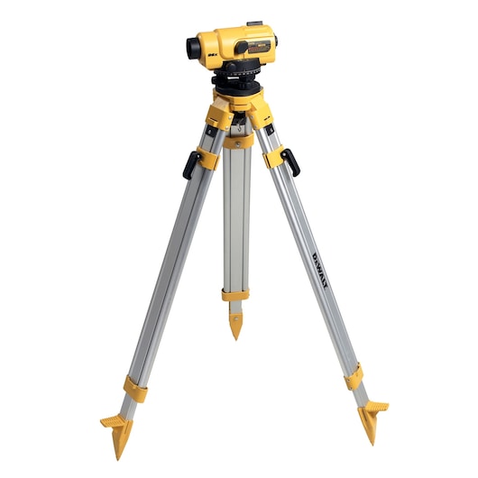DEWALT leveling instrument with tripod, yellow and silver, used for precise measurements in construction or surveying.