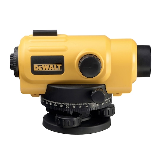 DEWALT yellow optical level tool with black adjustment knobs for photography or surveying.